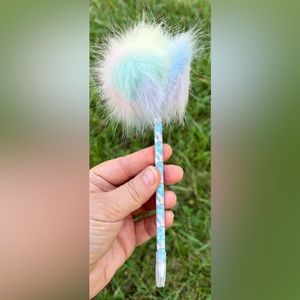 Justice Girls Tie Dye Unicorn Rainbow Pom Pom Fluffy Blue Pen with Tip Cover